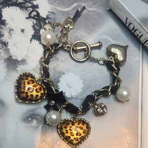 Betsey Johnson Leopard Heart and Pearl Charm Bracelet